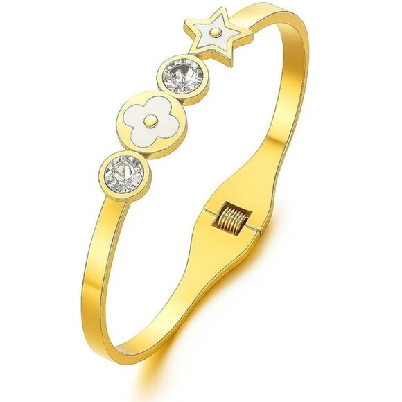Gold Plated Stainless Steel Flower and Star Bangle Bracelet - Picture 1 of 5